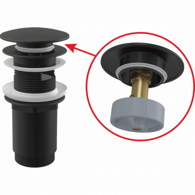 Донный клапан сифона для умывальника CLICK/CLACK 5/4", с переливом и большой черной заглушкой AlcaPlast A392BLACK