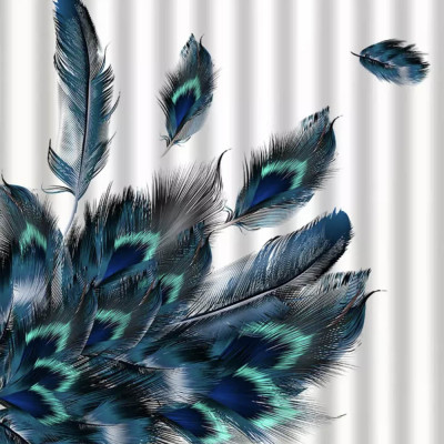 Штора с рисунком синие перья, в ванную комнату, без колец - полиэстэр САНАКС (01-86)