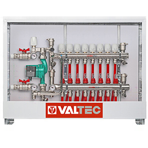 Комплект теплых полов VALTEC с насосно-смесительным узлом и шкафом ШРНГ на 5 контуров до 100м2 с трубой PEX 500м (KTP5)