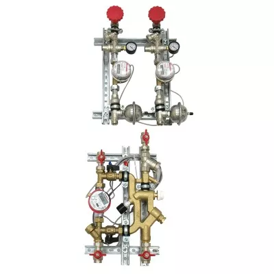 Квартирная станция для систем отопления и водоснабжения вертикального размещения с перепускным клапаном, 1,5/1,5 м куб./ч VALTEC (VT.NM.VP.15.RS.0)