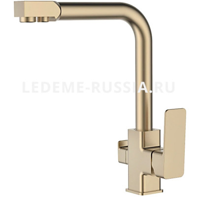 Смеситель для кухни со встроенным фильтром (краном) под питьевую воду Ledeme H80Y L4080Y-3 однорычажный поворотный, высокий, золотой сатин